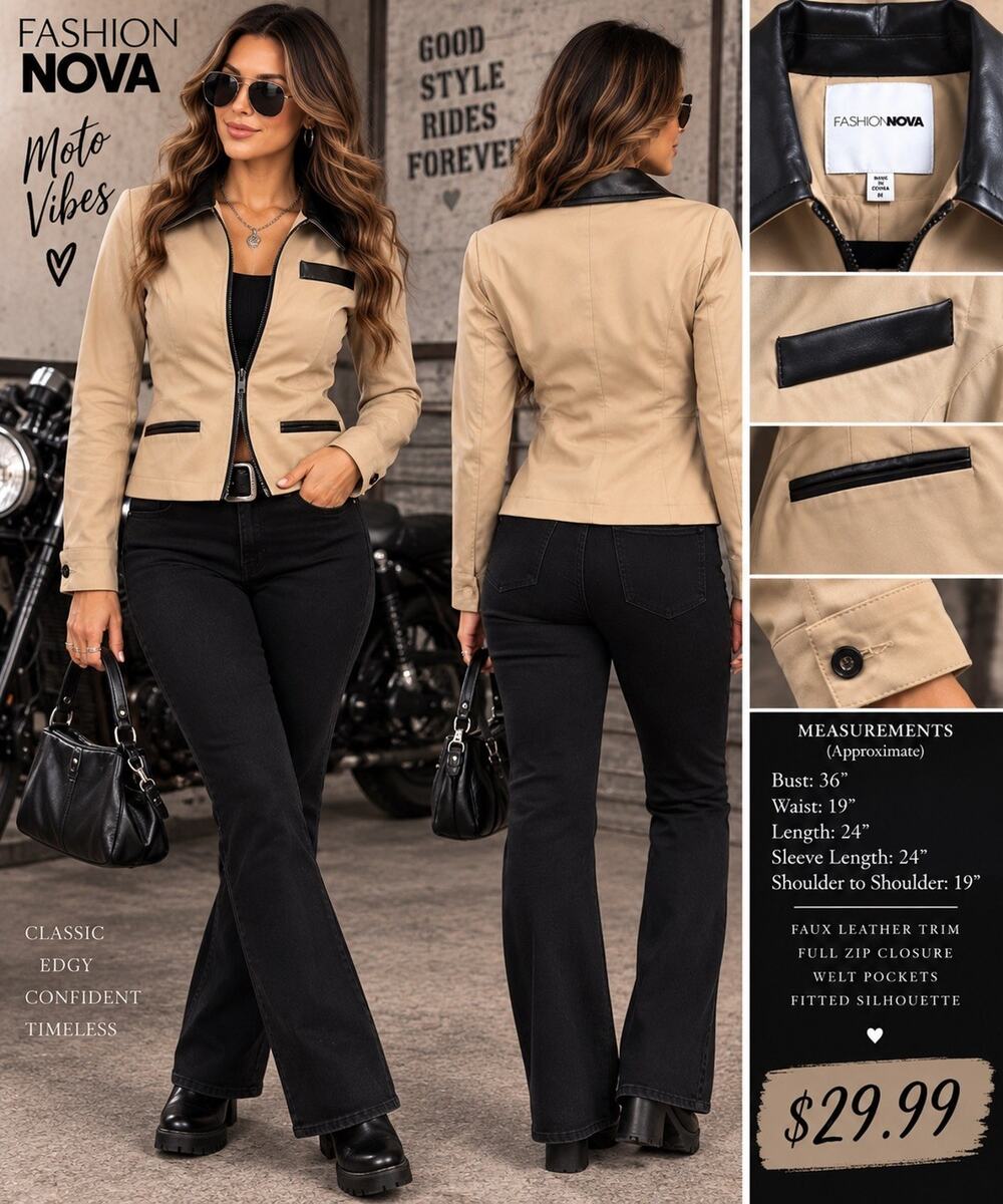Fashion Nova Women’s M Tan Moto Jacket Black Faux Leather Trim Zip Y2K preppy